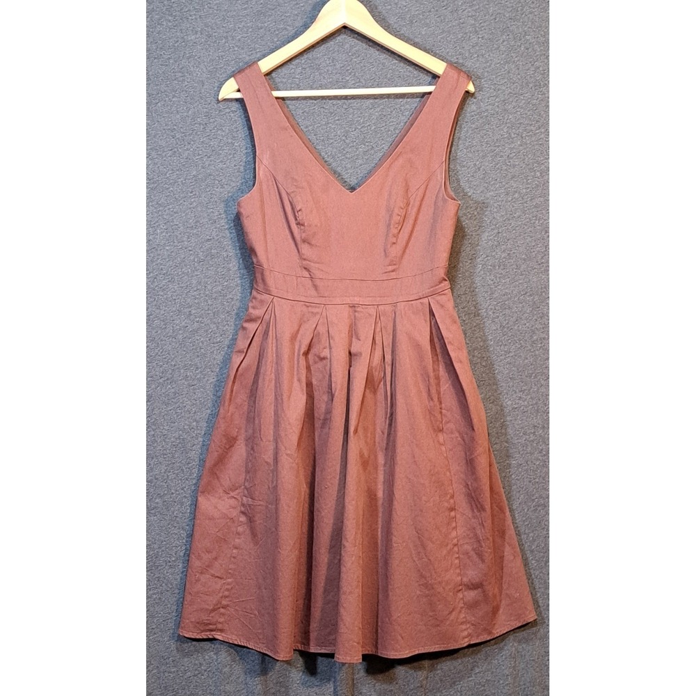 Fervour Anthropologie Brown V Neck‎ Fit Flare Midi Dress With Zipper Size M